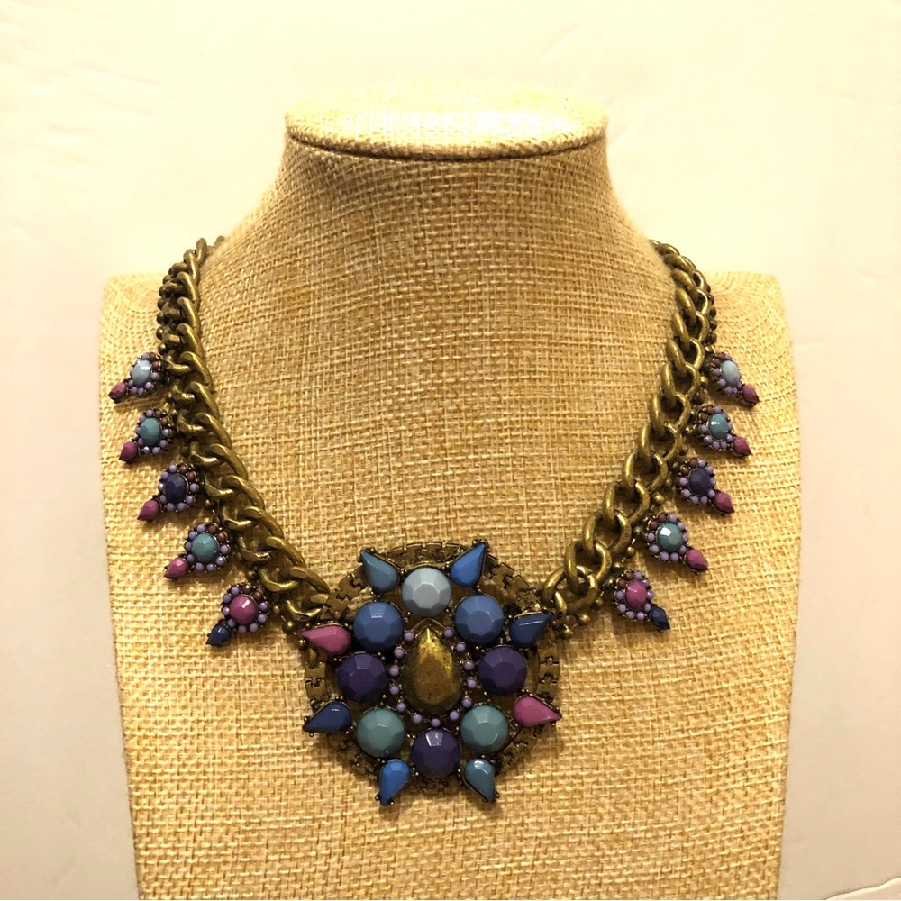 SFERA Statement Necklace antiqued gold tone w/ blues & purples faceted clusters